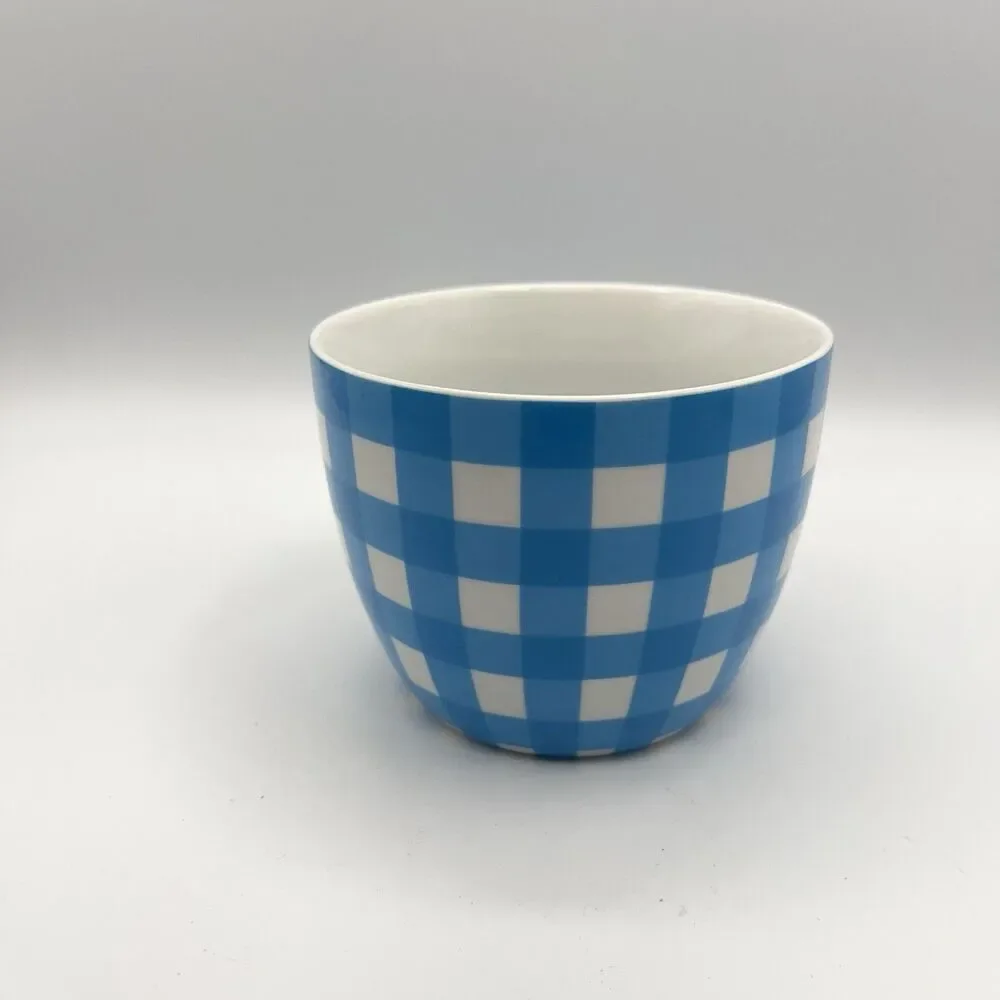 Crate & Barrel Coffee Mug Cup Gingham Plaid Blue White